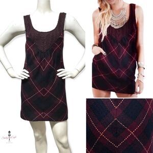 FREE PEOPLE Parker Wool Blend Plaid Jumper Mini Sweater Dress Dollcore XS 2